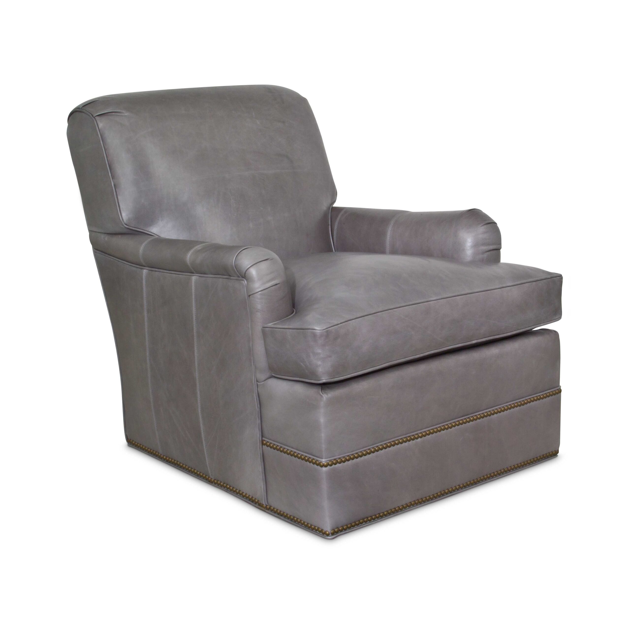 ridley leather swivel chair Gray leather swivel glider chair with brass nailhead trim.