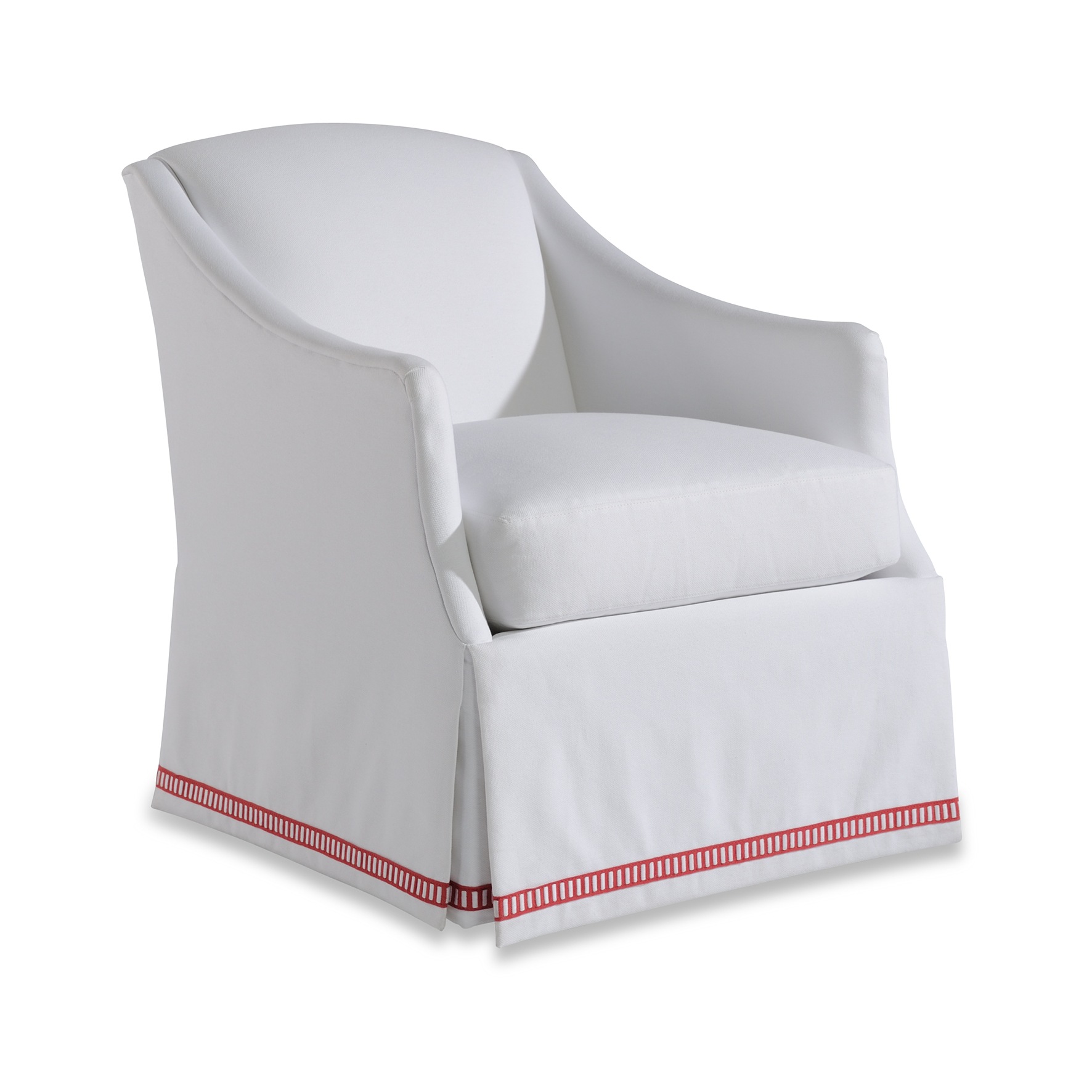 rose swivel chair White slipcovered armchair with a red striped border.