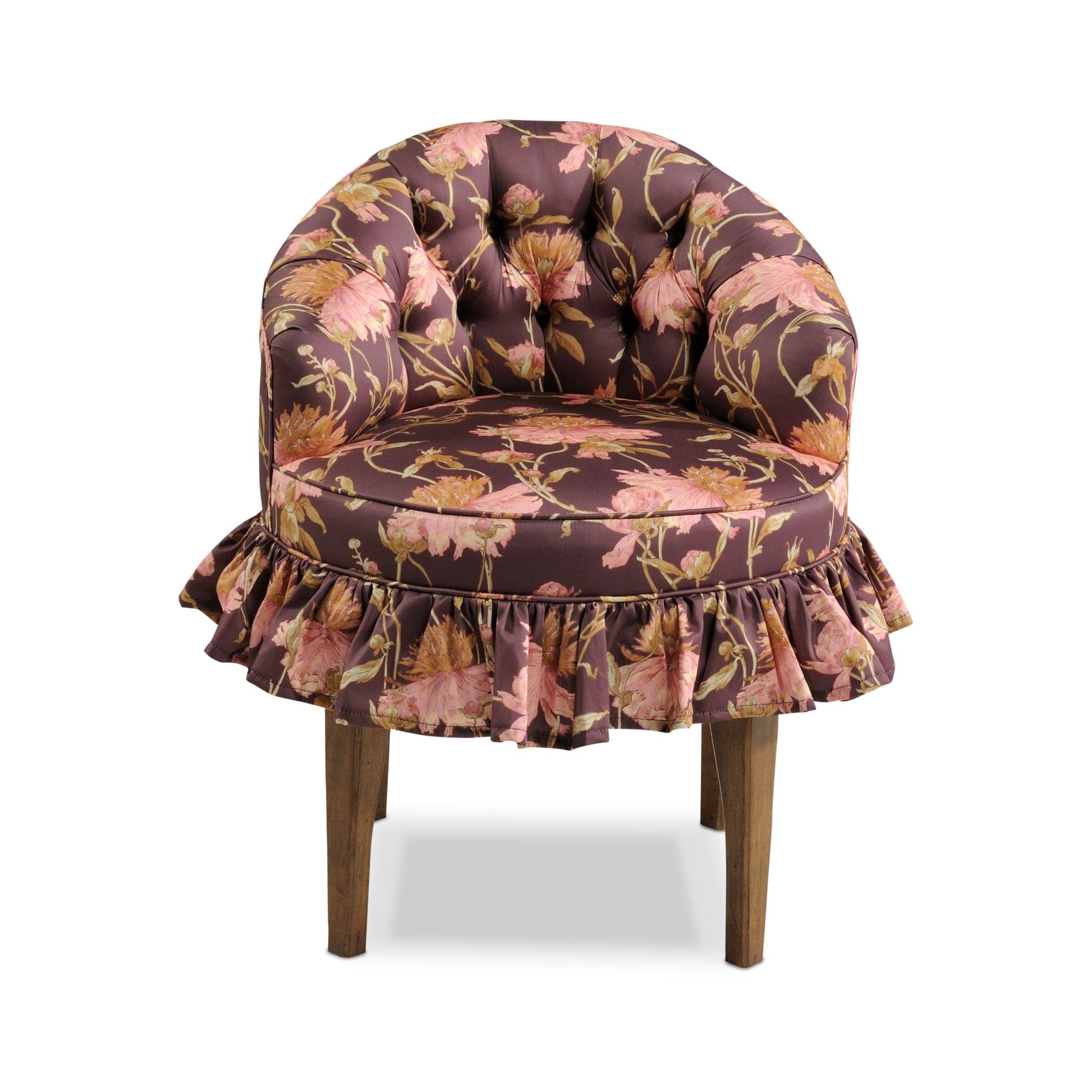 rosie swivel vanity chair Floral tufted armchair with ruffled skirt and wooden legs.