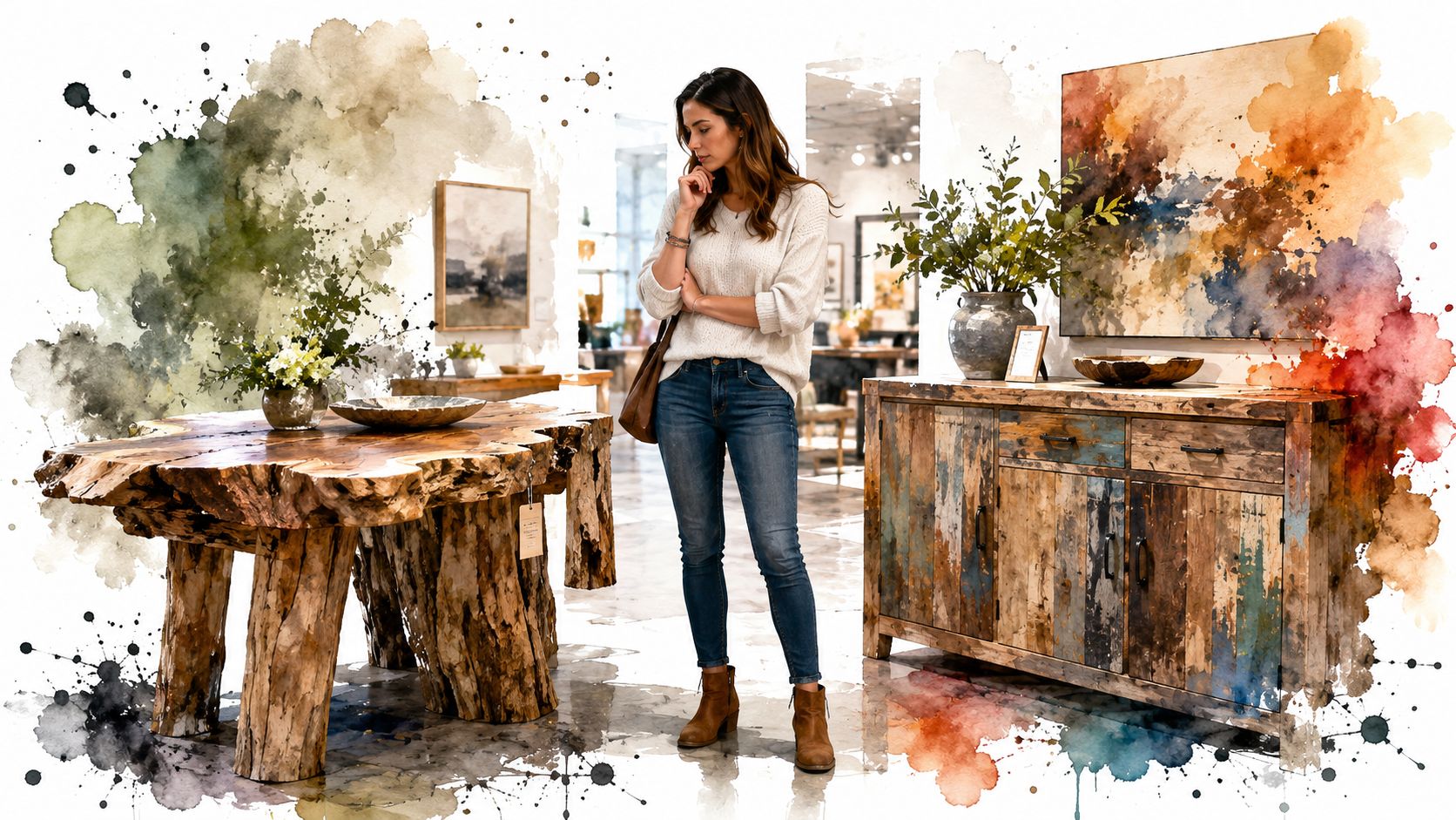 A woman stands in a furniture store admiring a large rustic live edge wooden dining table.