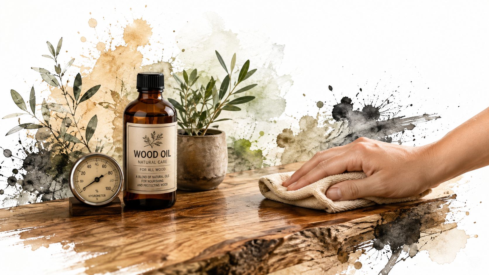 A hand wiping down a rustic wooden surface with oil next to a bottle of wood oil.