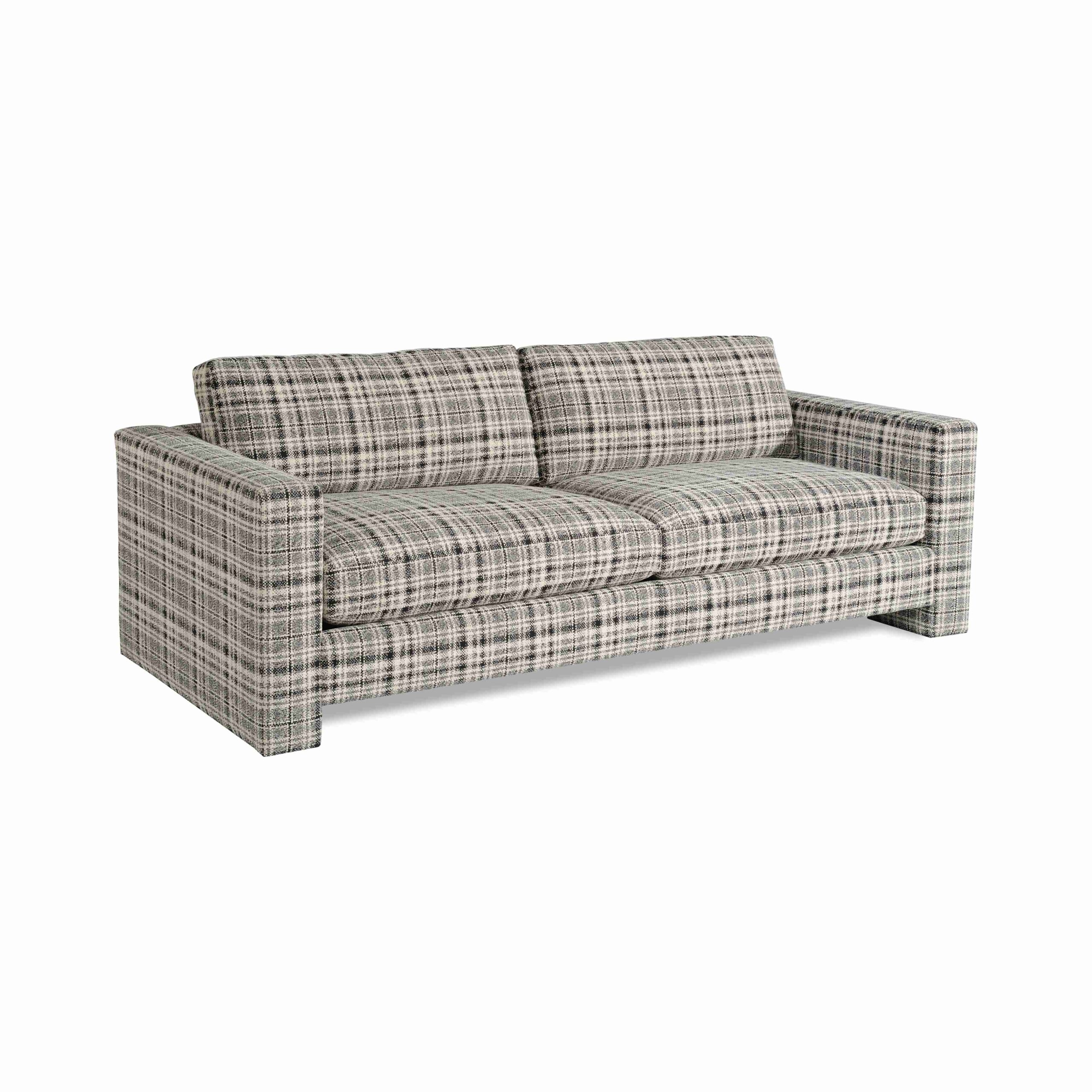 shelton sofa Modern grey and white plaid upholstered sofa.