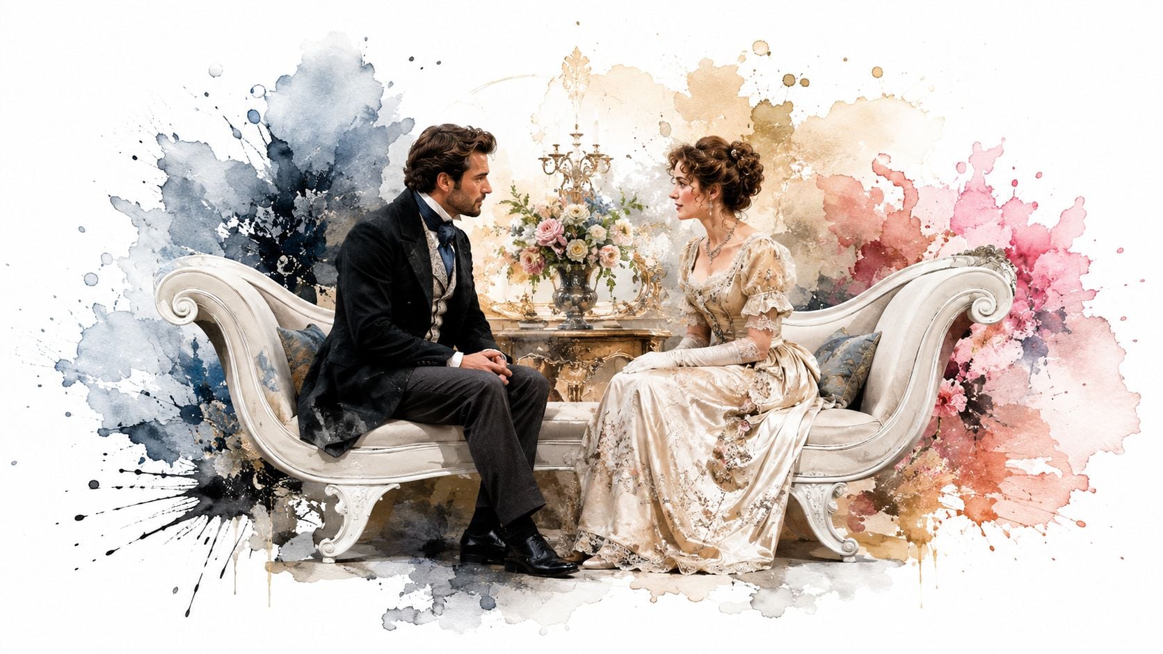 A Victorian-era man and woman in elegant formal attire sitting on an ornate white sofa for a conversation.