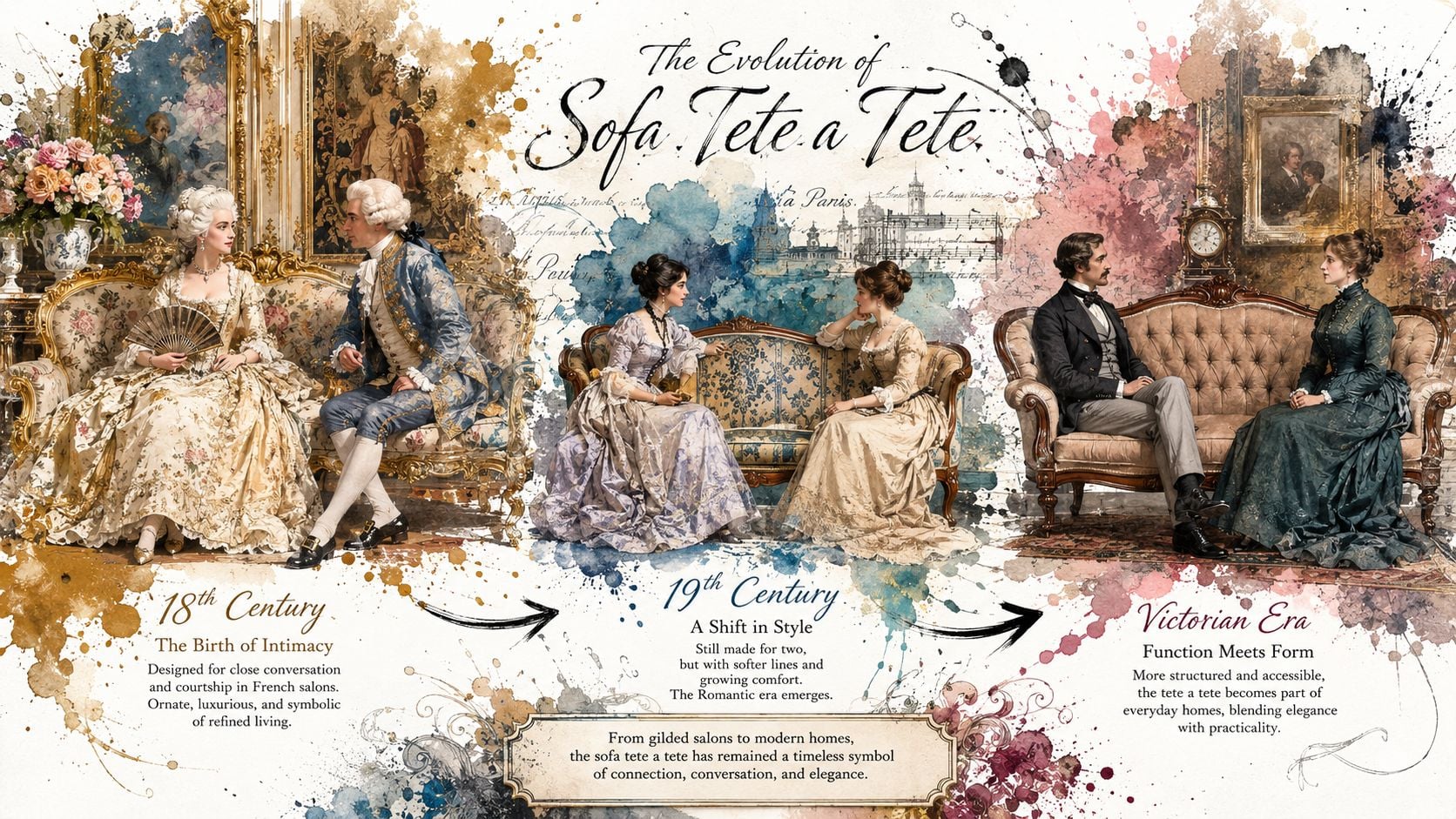 A visual timeline showing the evolution of the sofa tete a tete from the 18th century to the Victorian era.