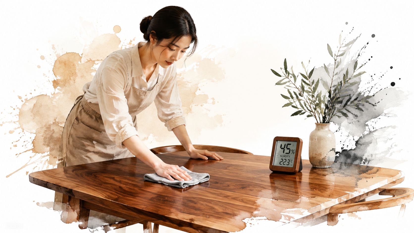 A woman in an apron wipes a polished solid wood dining table surface with a gray cloth.