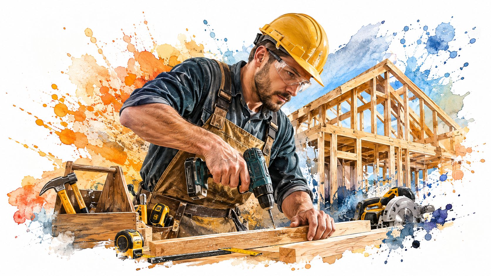 A professional carpenter wearing a hard hat and protective goggles is drilling into a wooden beam.