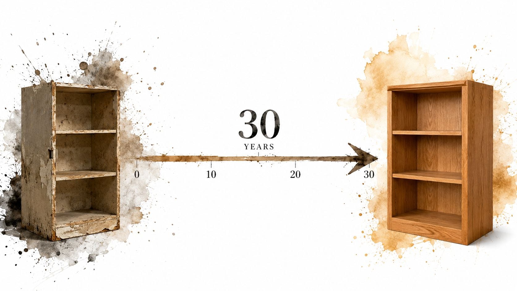 A timeline comparison showing a decaying particle board bookshelf transforming into a durable solid wood shelf.