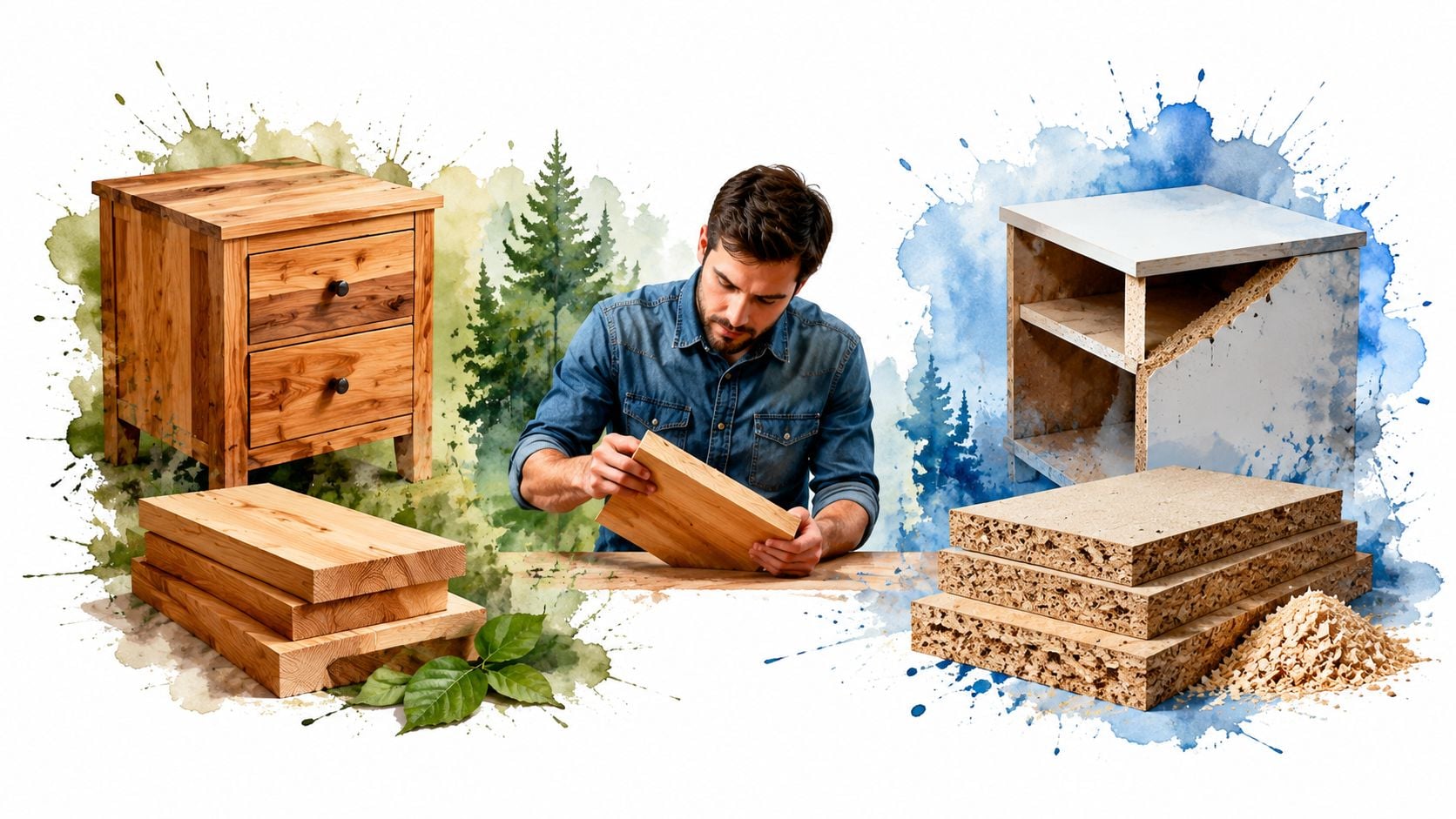 A craftsman compares natural solid wood planks with synthetic particle board materials to illustrate their differences.