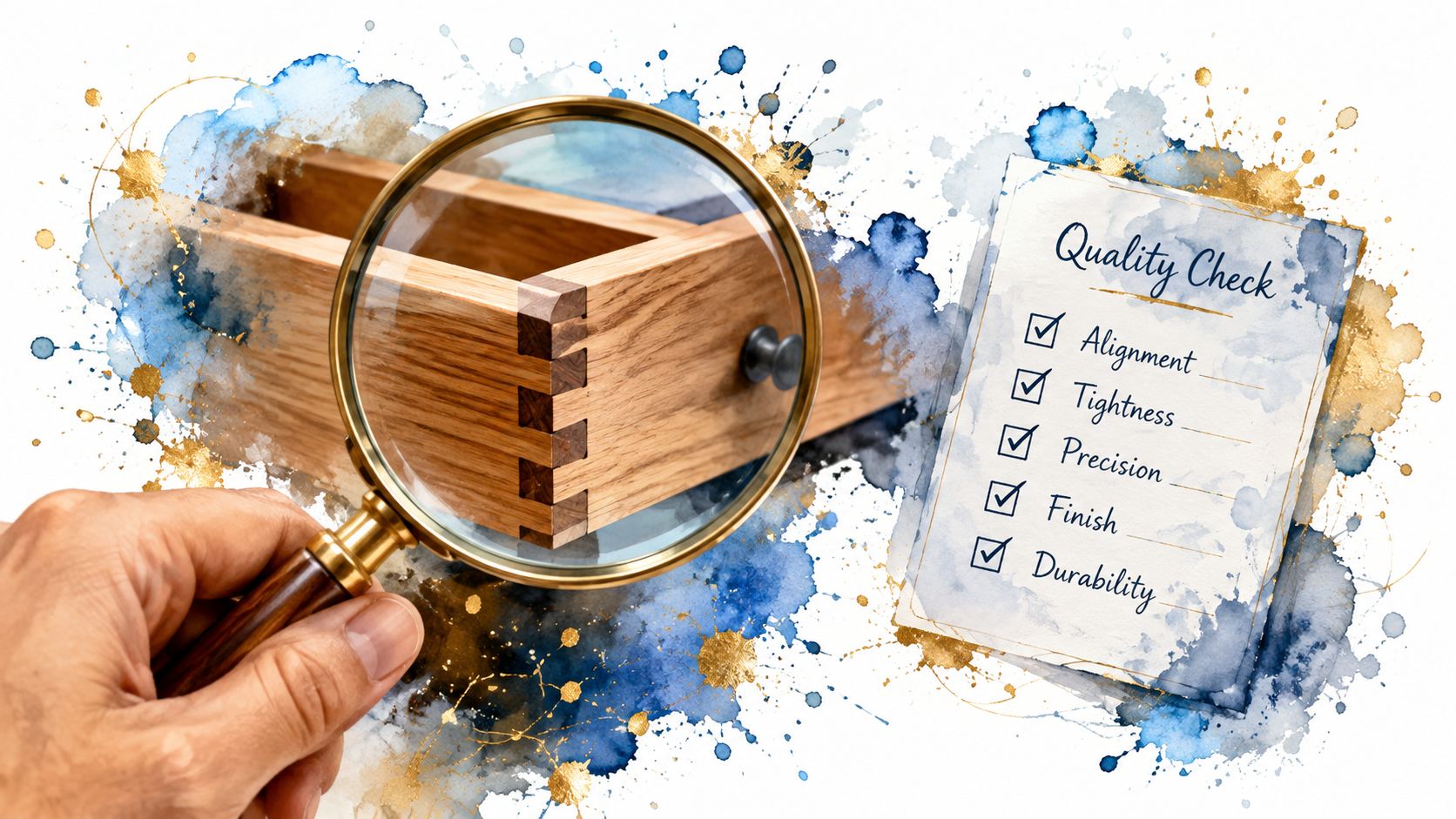 A hand holding a magnifying glass over dovetail wood joinery next to a quality check checklist.