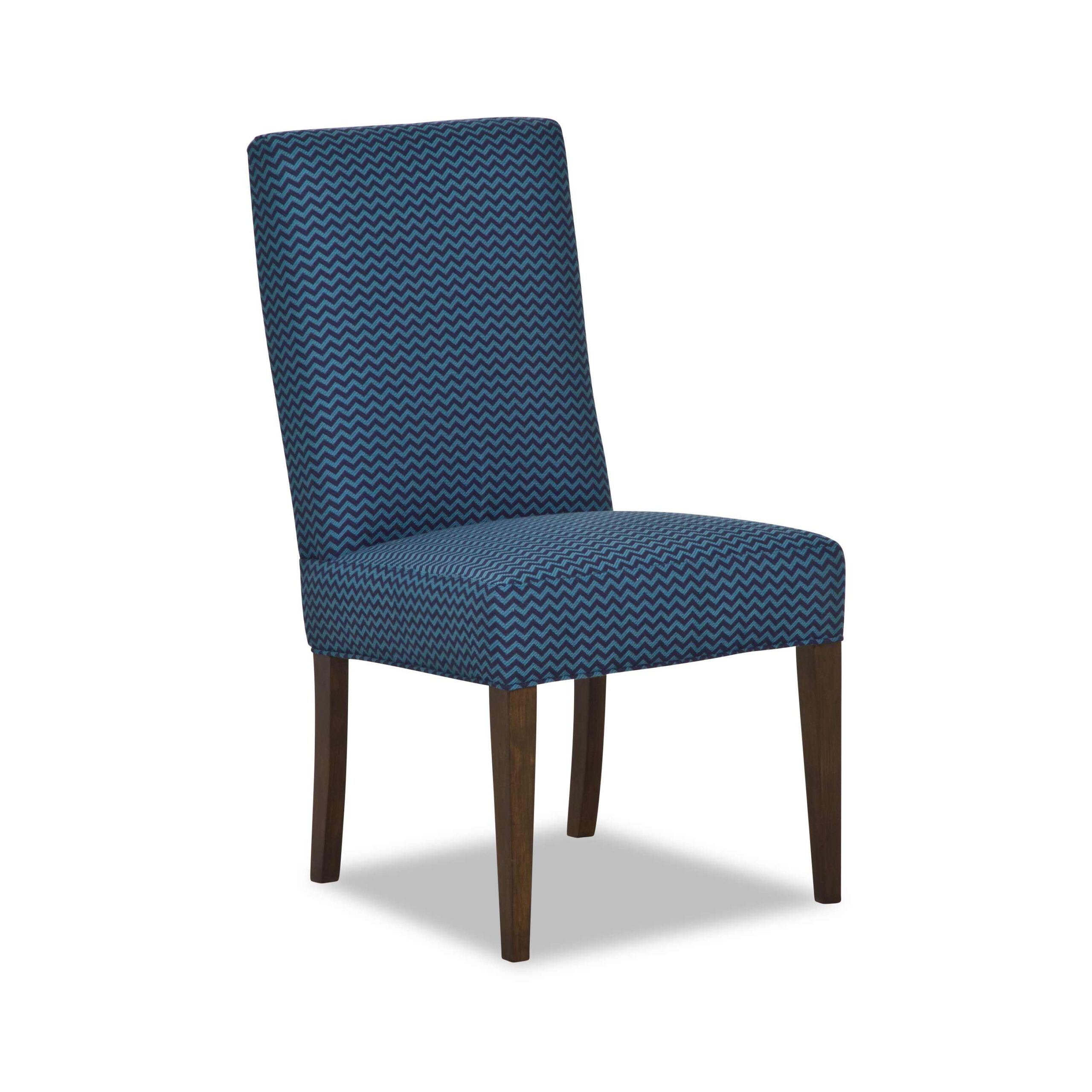 taylor made armless dining chair Blue and navy chevron upholstered dining chair with wood legs.