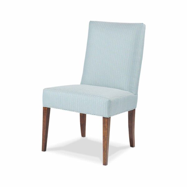 Blue and white chevron upholstered dining chair with wood legs.
