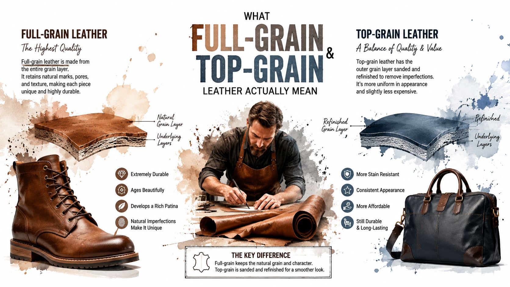 A detailed comparison graphic explaining the structural and aesthetic differences between full-grain and top-grain leather types.