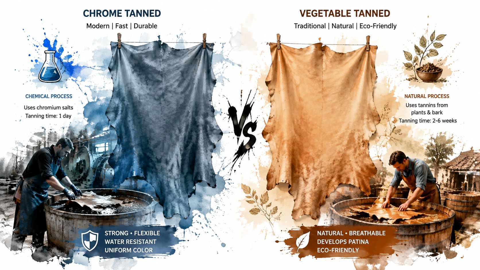 An infographic comparing the differences between chrome tanned leather and vegetable tanned leather processes and properties.