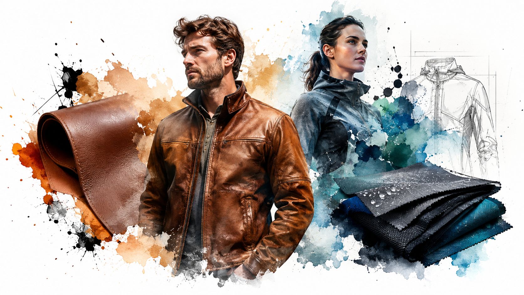 A man wearing a brown leather jacket and a woman in a technical jacket beside fabric swatches.