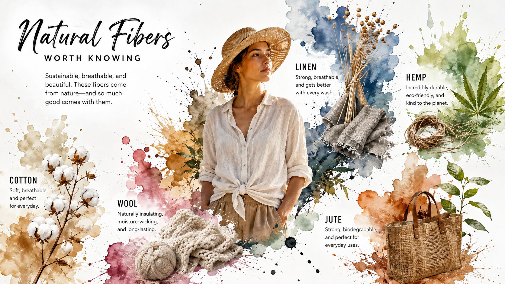 A woman wearing natural fiber clothing surrounded by watercolor illustrations of cotton, linen, hemp, wool, and jute.