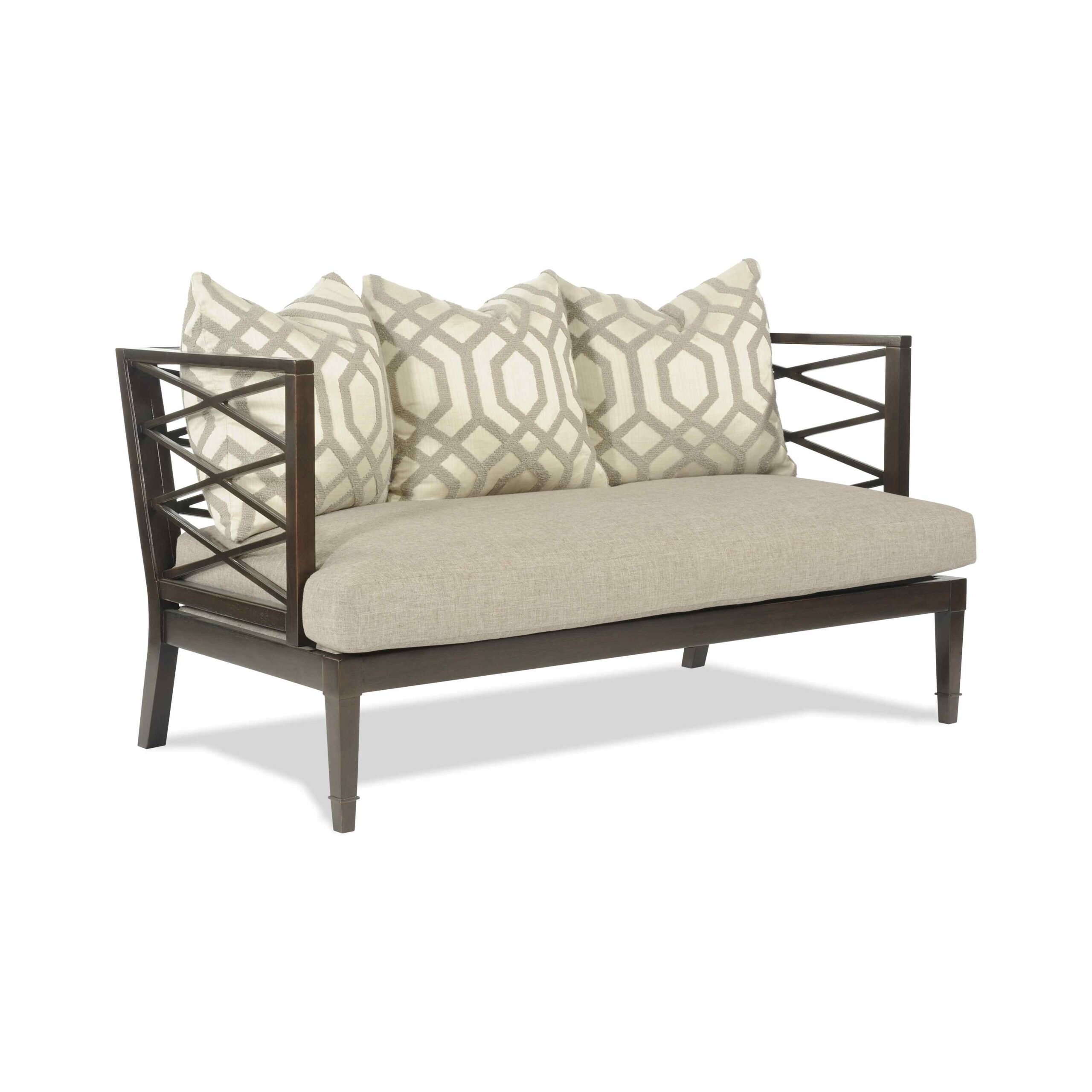 walker settee Modern dark wood loveseat with geometric pattern pillows.