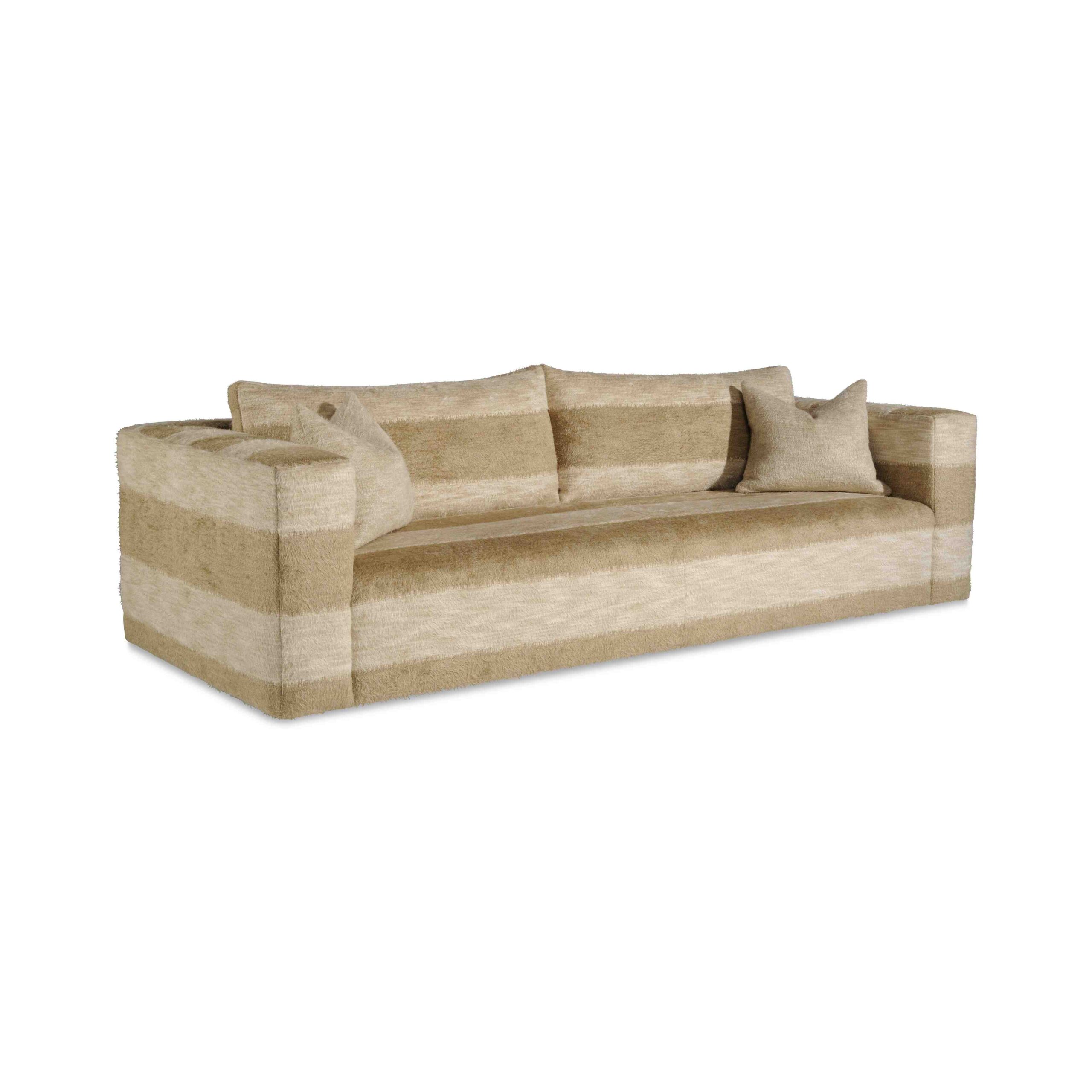 waters sofa Modern tan and beige striped sofa with matching pillows.