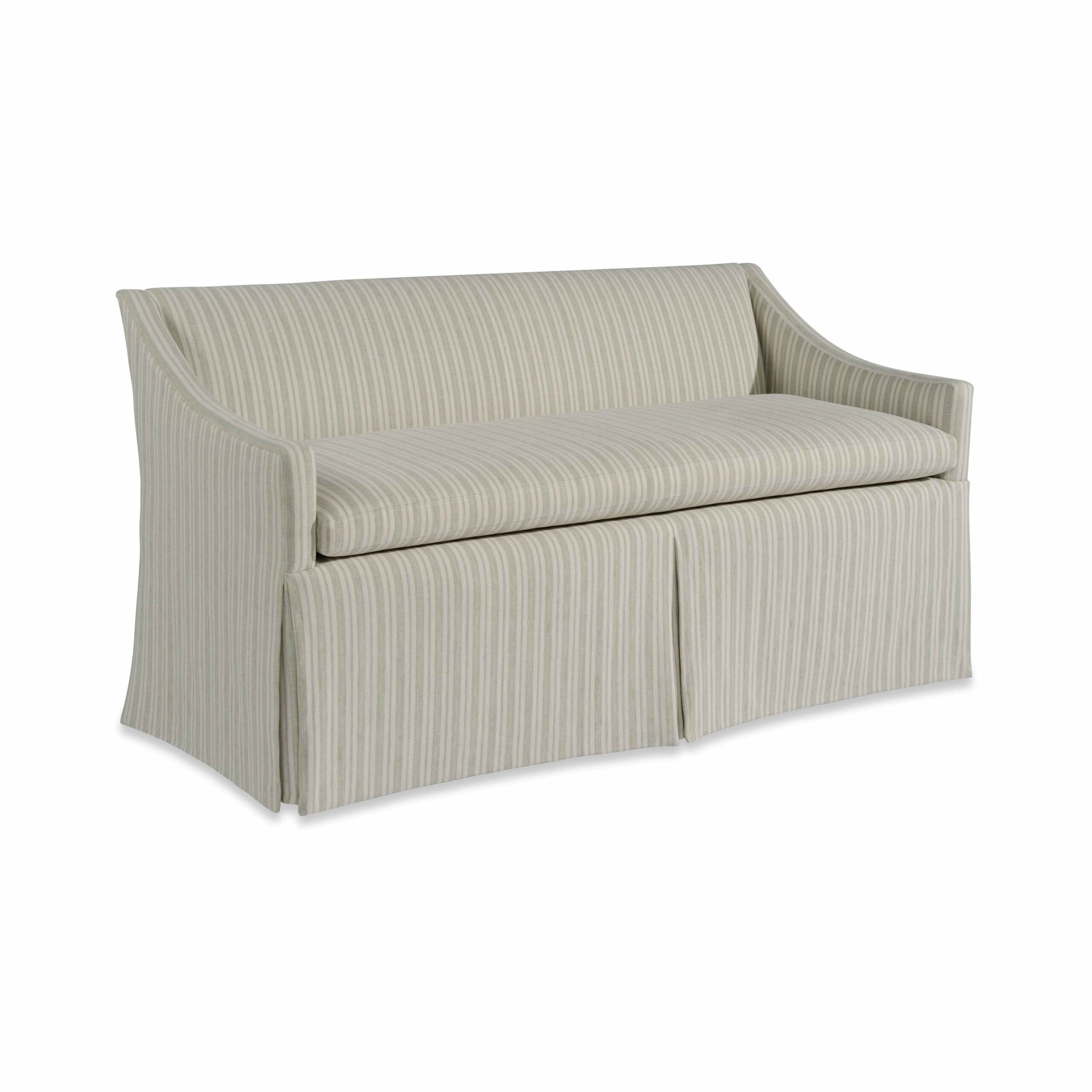 welch settee Striped upholstered settee with sloped arms and skirted base.