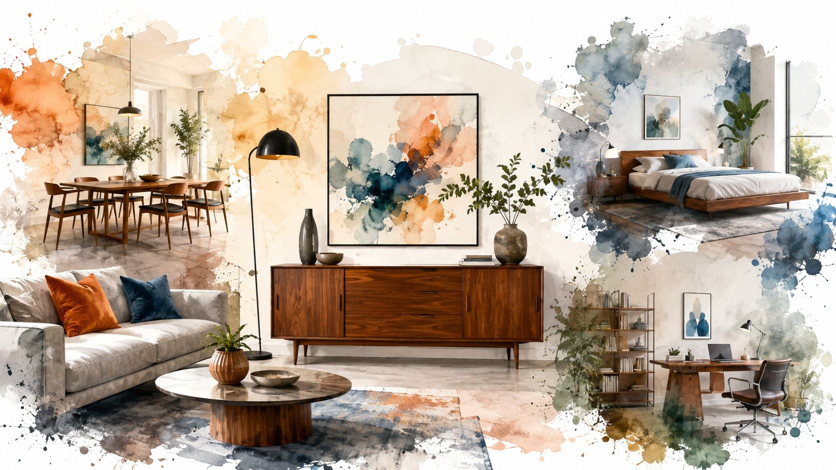 A collage showing various mid-century modern furniture pieces, including a dining set, sofa, and bedroom furniture.