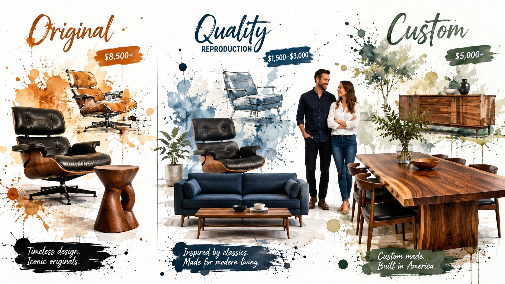 A marketing display comparing original, quality reproduction, and custom mid-century modern furniture design options with pricing.