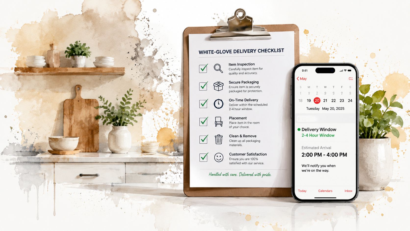 A clipboard with a white-glove delivery checklist next to a smartphone showing a scheduled delivery window on a counter.