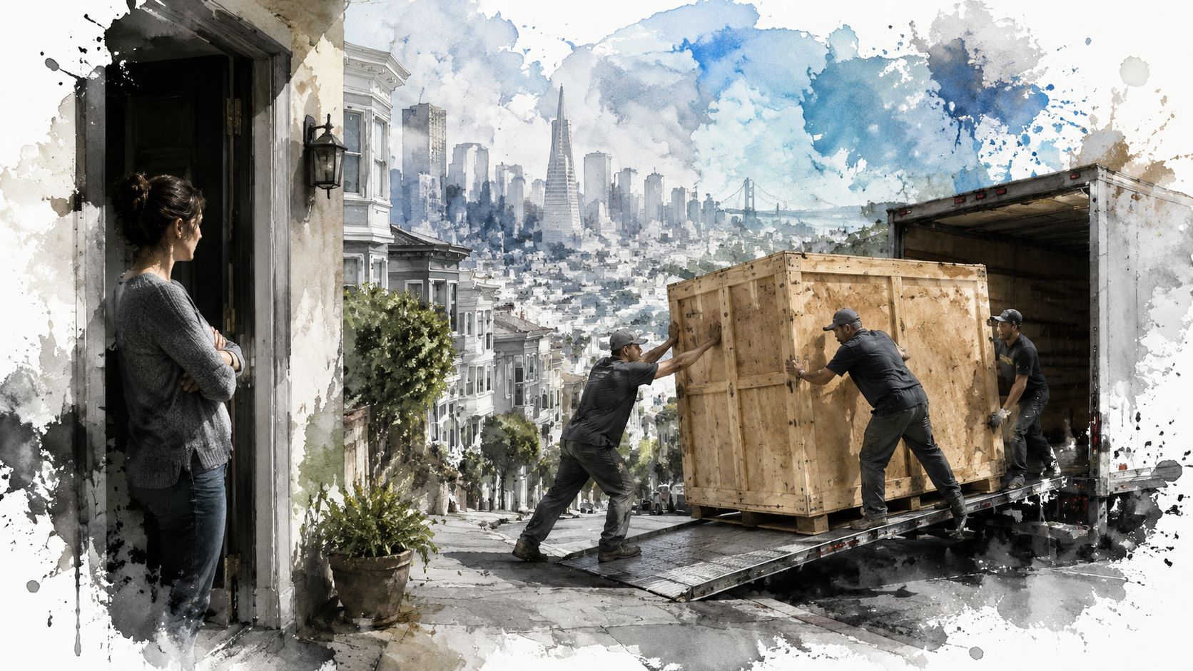 Professional movers unloading a large wooden crate from a truck on a hilly street in San Francisco.