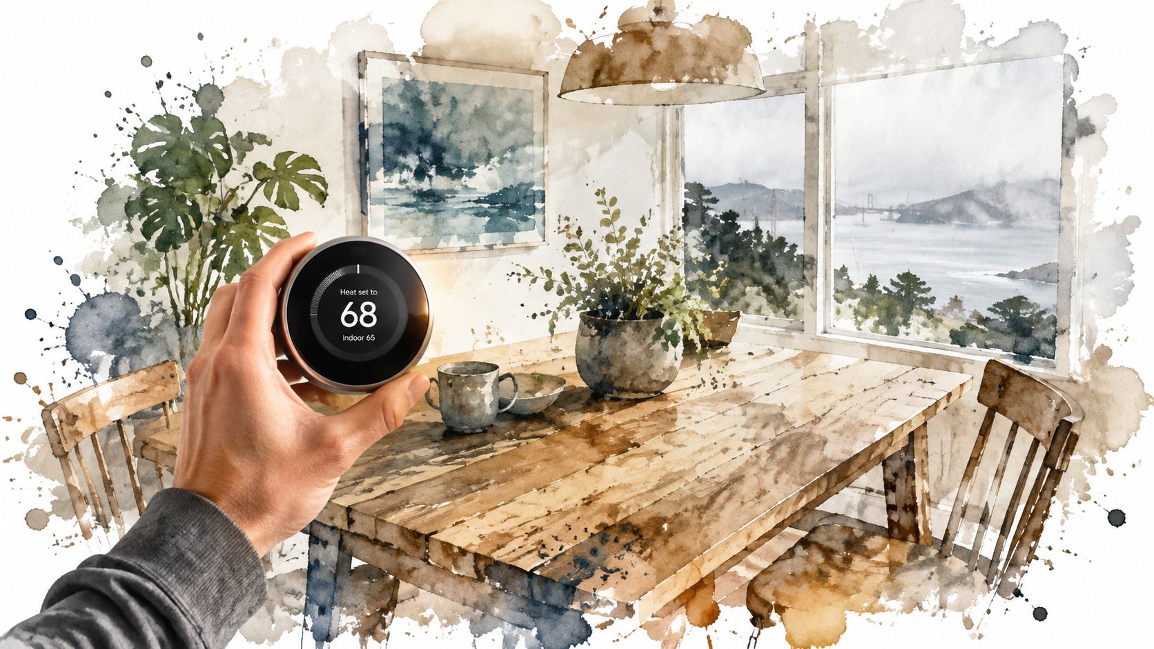 A hand holding a smart thermostat in a room with wood furniture and scenic window view.
