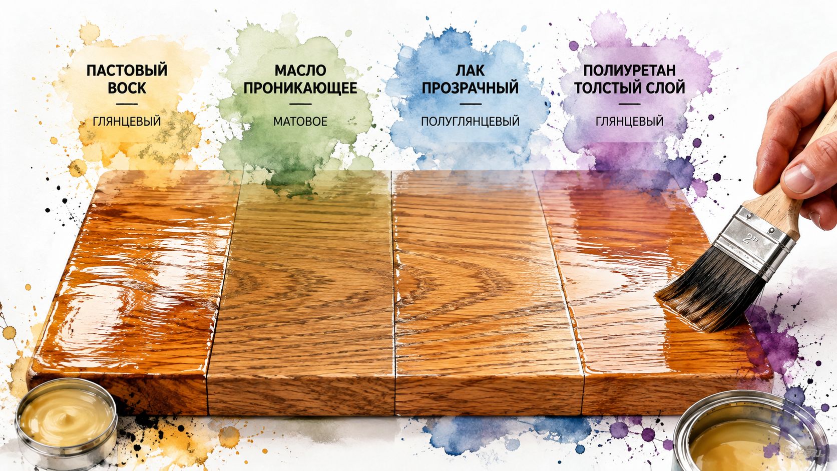 A hand applies a protective coating to a piece of wood, showing four different wood finishing textures.