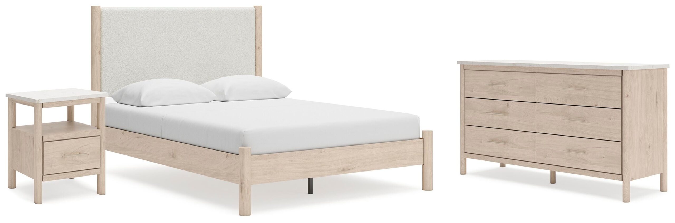 238bb0f2eabeef68e0c8a9241c65a72c Cadmori Queen Upholstered Panel Bed, Dresser and Nightstand - Image 1