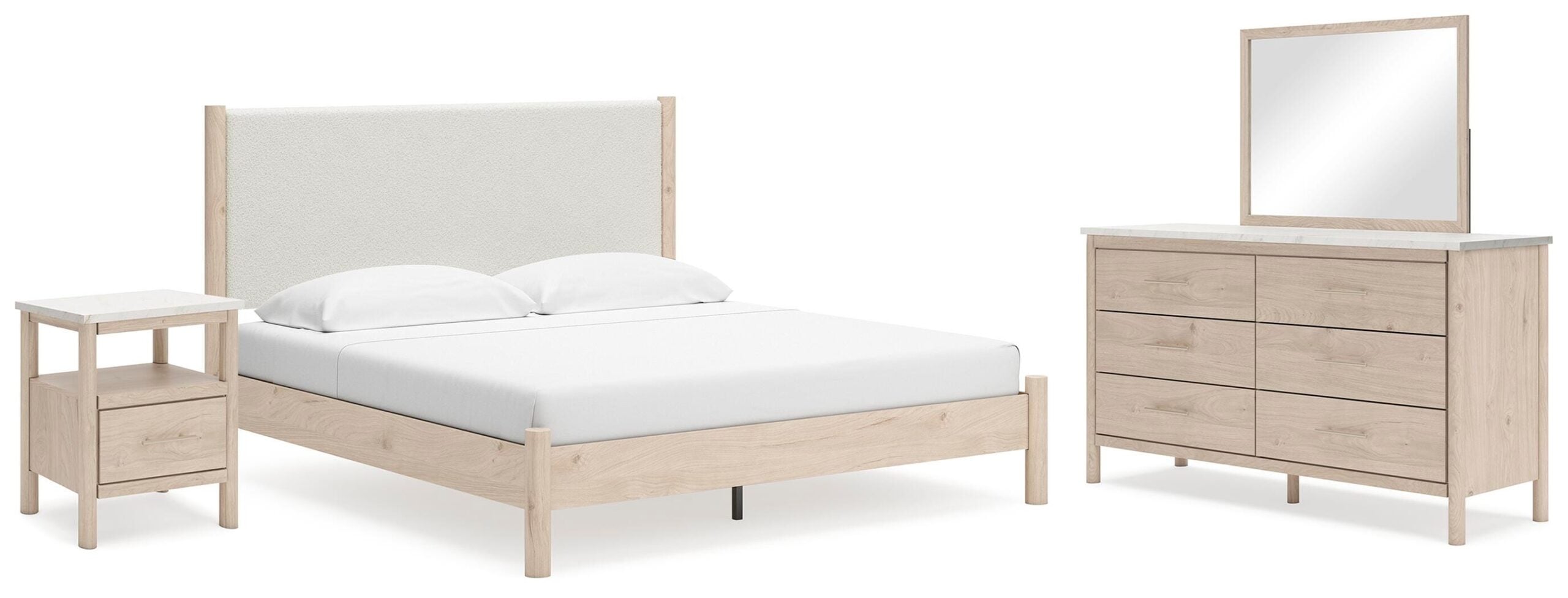 34269fcfb14d7149be0eb4989c98c683 Cadmori King Upholstered Panel Bed, Dresser, Mirror and Nightstand - Image 1