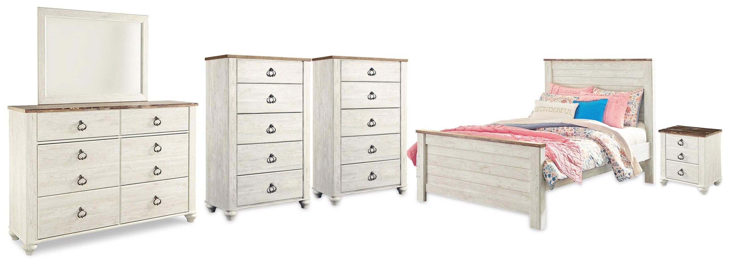 43b9a12ac81daec3a5f5f6e181272270 Willowton Full Panel Bed, Dresser, Mirror, 2 Chests and nightstand - Image 1