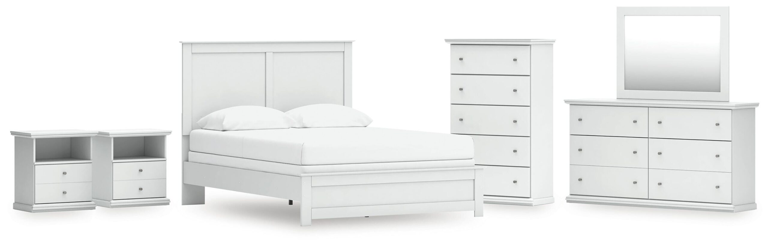 7248d5e73feeff7356e6270e519504dc Bostwick Shoals Queen Panel Bed with Mirrored Dresser, Chest and 2 Nightstands - Image 1