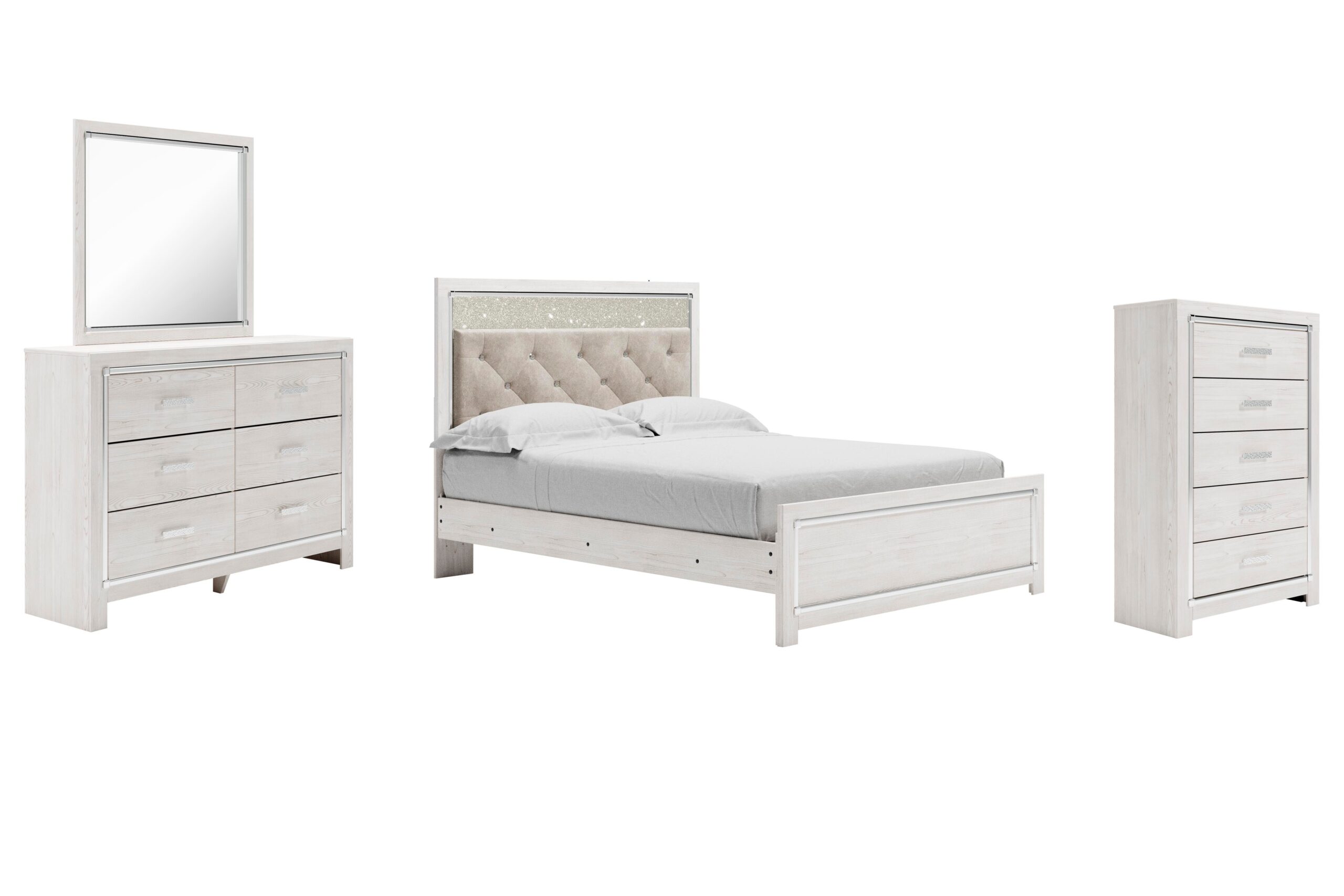 8531803416e36a17d4fd1c106417ea60 Altyra Queen Upholstered Panel Bed, Dresser, Mirror, and Chest - Image 1