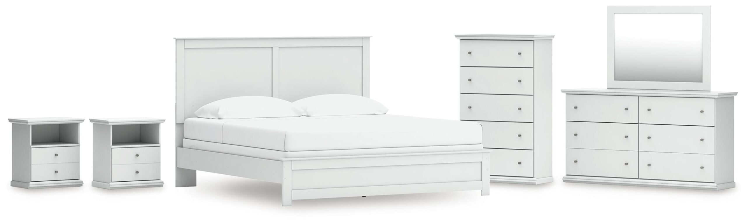 8a1e61999ae4fd776c3d1b1e8f0bca7d Bostwick Shoals King Panel Bed, Dresser, Mirror, Chest and 2 Nightstands - Image 1
