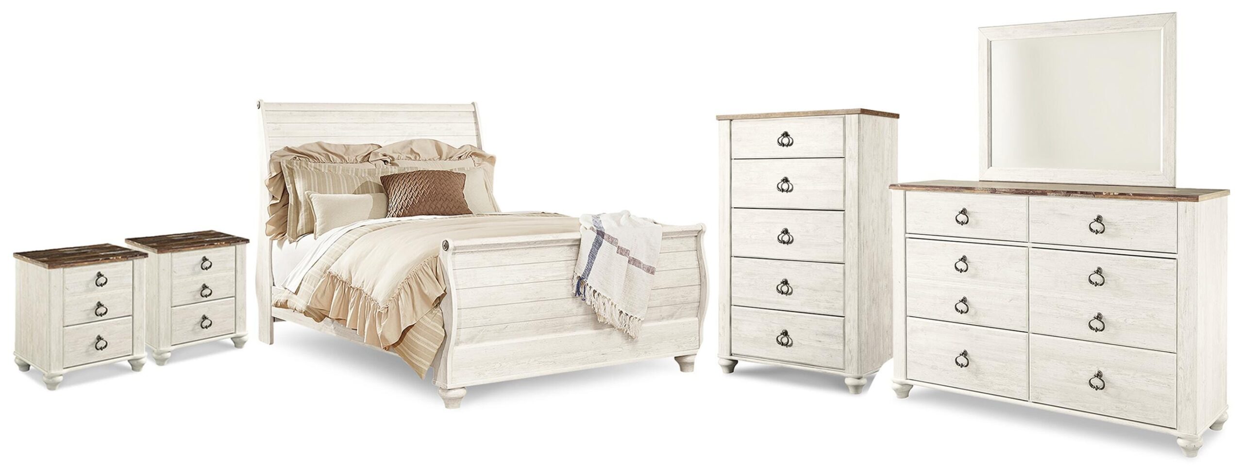 8c1f12f119831e590f98e7d754250cc0 Willowton Queen Sleigh Bed, 2 Dressers, Mirror, Chest and 2 Nightstands - Image 1