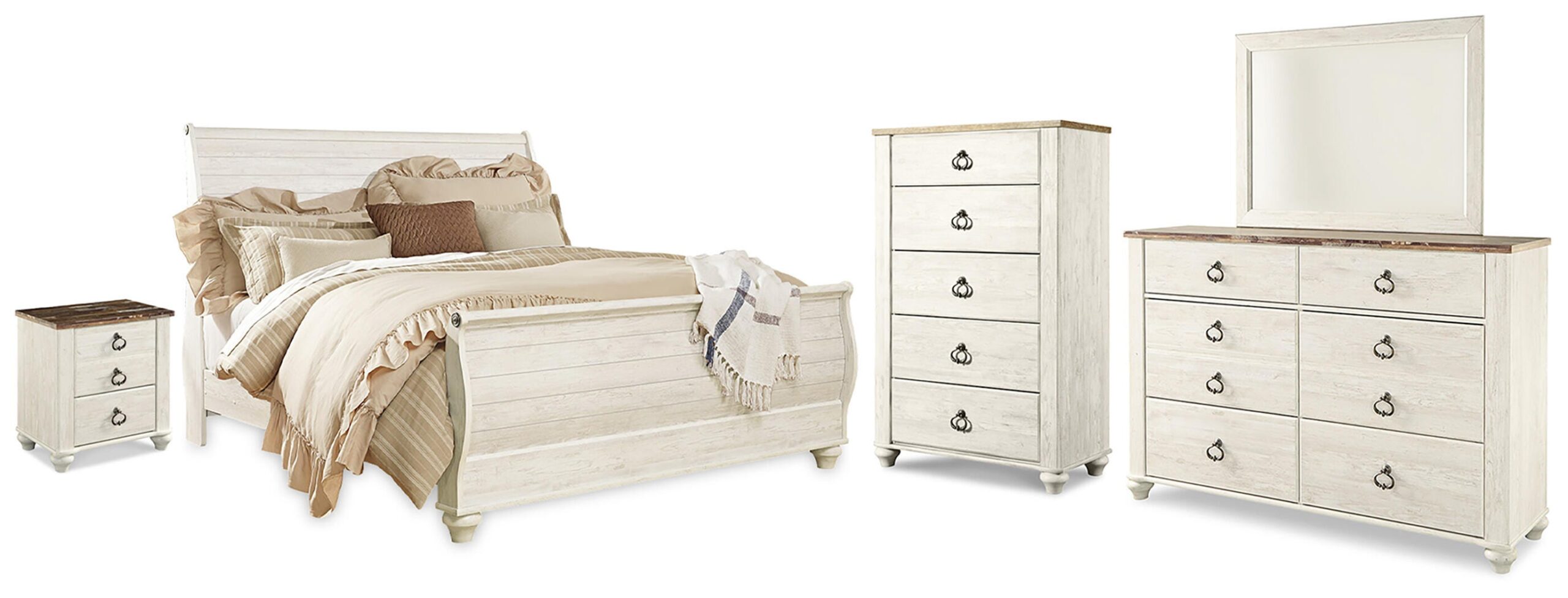 9daab839d7154e8f501763916ee4dea5 Willowton King Sleigh Bed, Dresser, Mirror, Chest and Nightstand - Image 1
