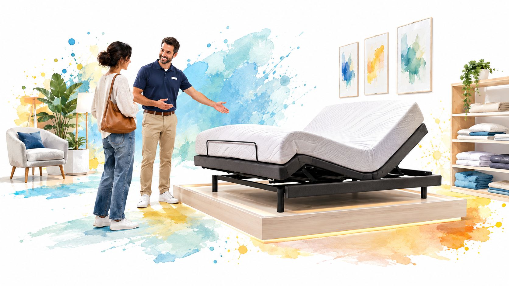 A friendly sales associate shows a modern adjustable bed base to a female customer in a store.