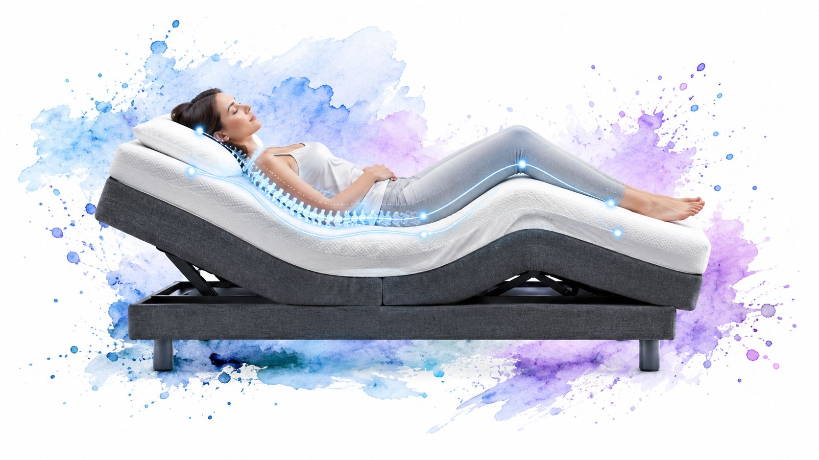 A woman resting comfortably on an adjustable bed base, showcasing spinal alignment support with blue glowing graphics.