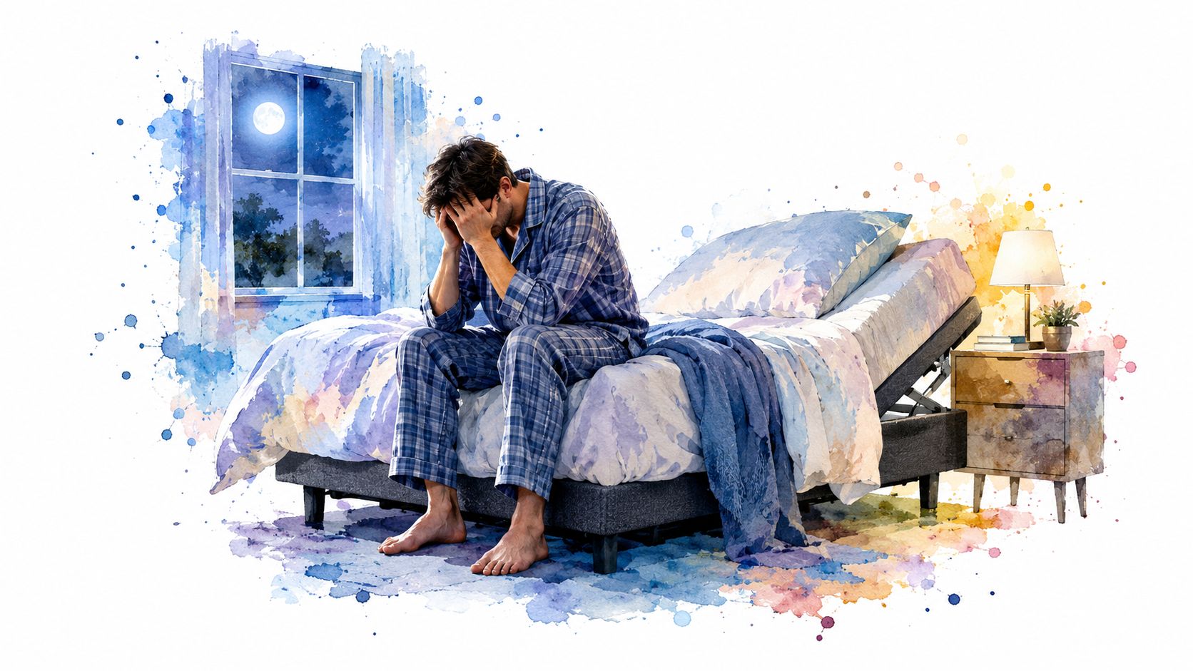 A distressed man in pajamas sits on an adjustable bed, holding his head in his hands at night.