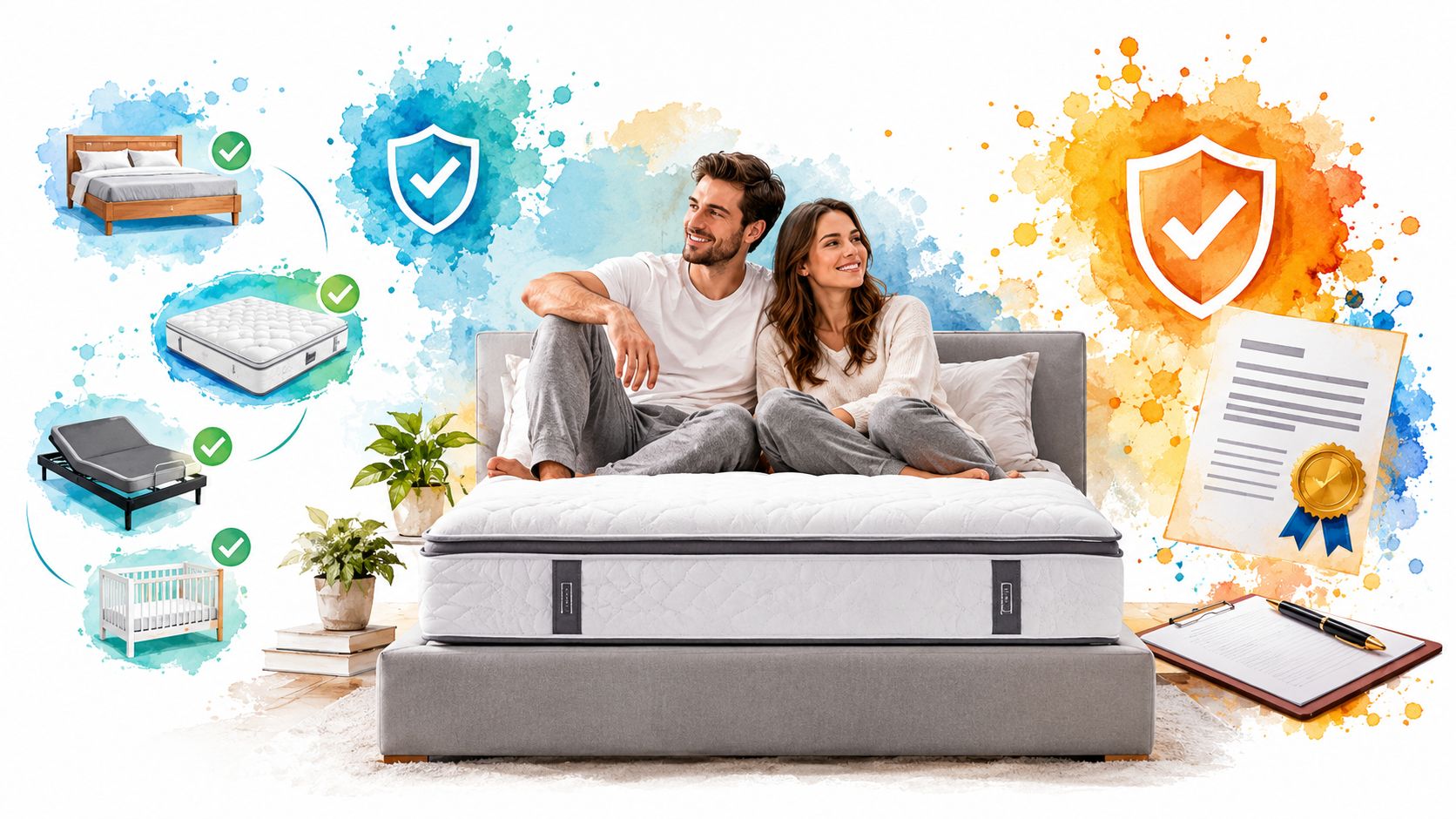 A happy couple sitting on a plush mattress surrounded by illustrations of bedding and warranty paperwork.