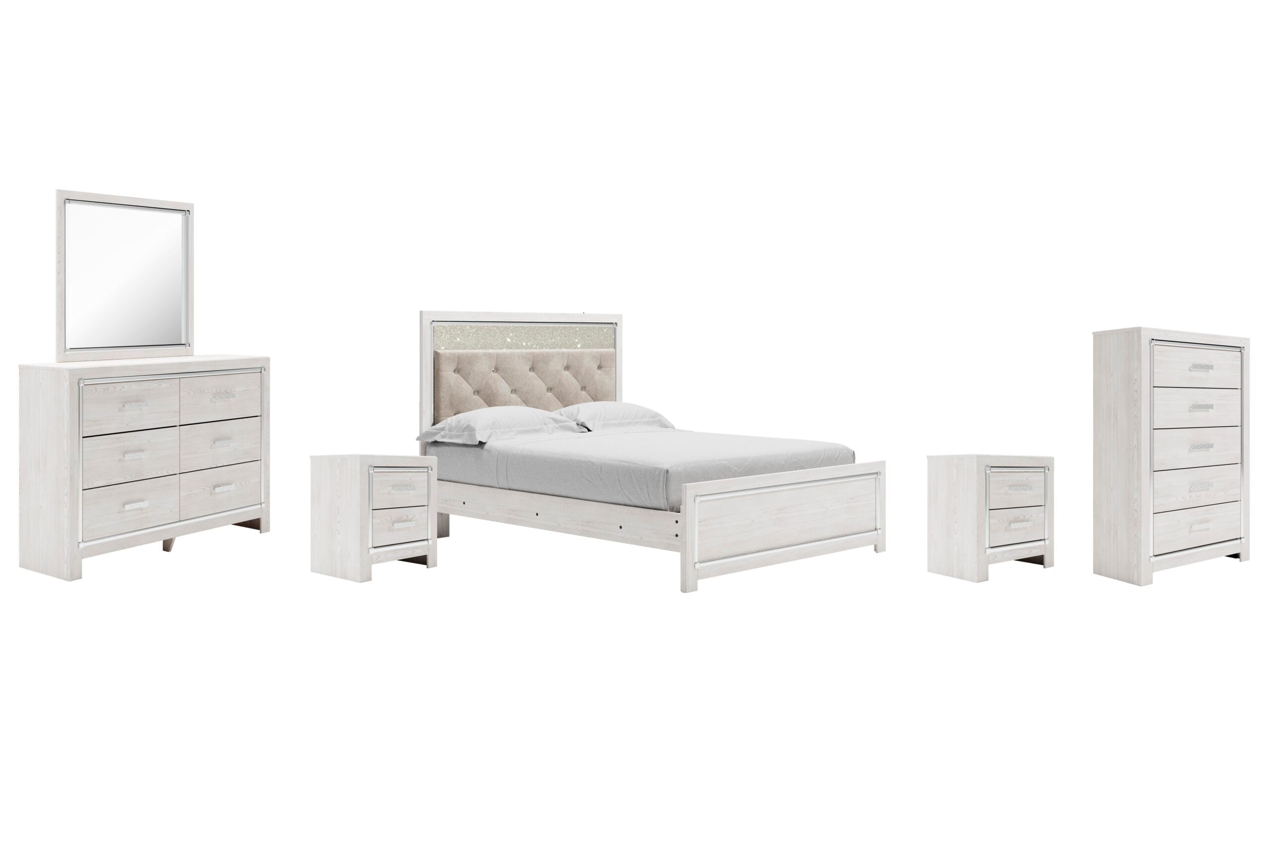 af4e1853ed8e72bf29f2a3785d2d9136 Altyra Queen Upholstered Panel Bed, Dresser, Mirror, Chest and 2 Nightstands - Image 1