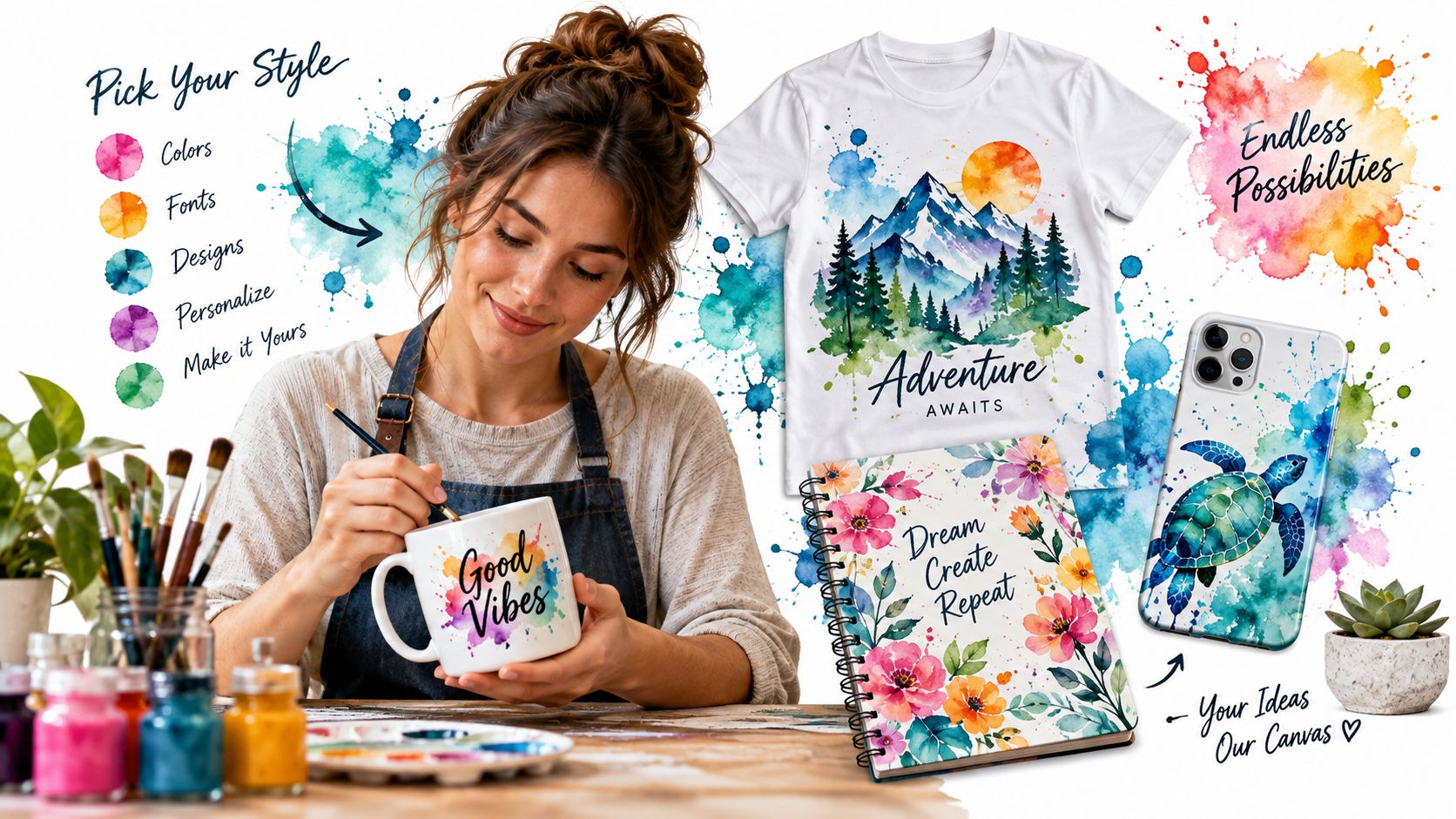 A female artist painting a custom mug surrounded by personalized products like t-shirts, notebooks, and phone cases.