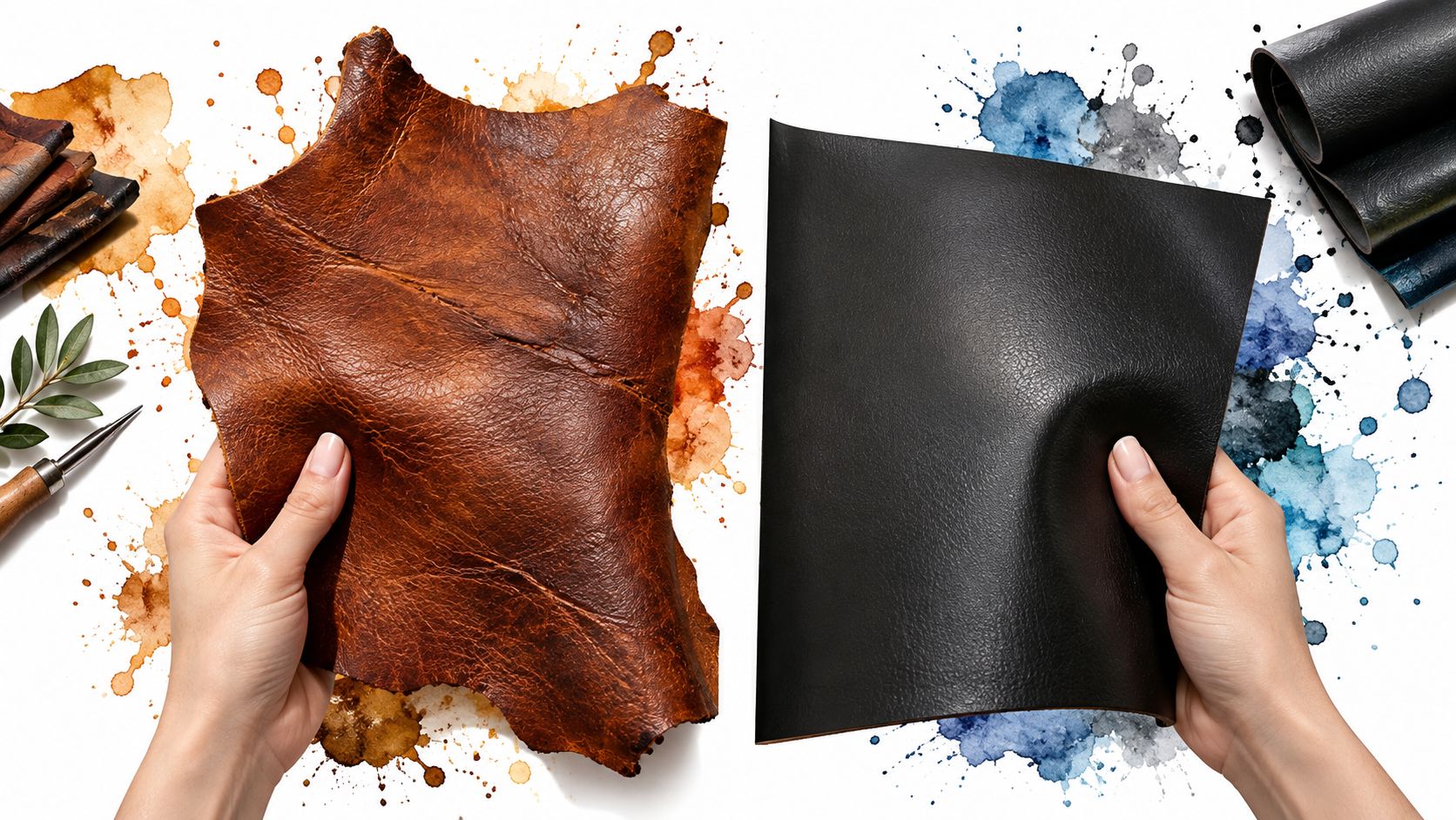 Hands holding a piece of rustic brown leather next to smooth black leather on a creative background.