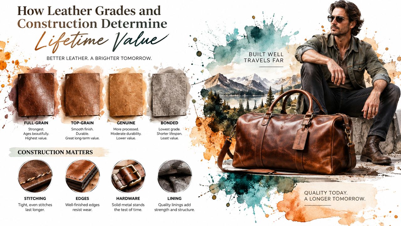 An infographic detailing the differences between leather grades and quality construction for long-lasting travel bags.