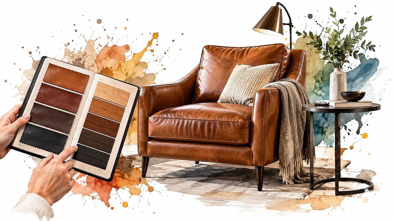 A leather sample swatch book being held in front of a cozy brown leather armchair and side table.