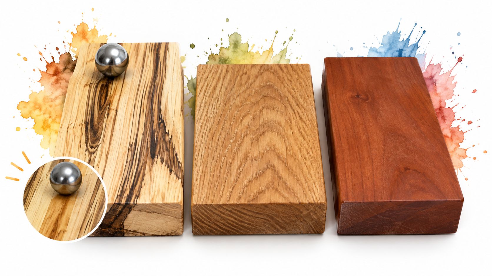Three blocks of wood featuring hickory, oak, and cherry grain patterns with a polished metal ball.