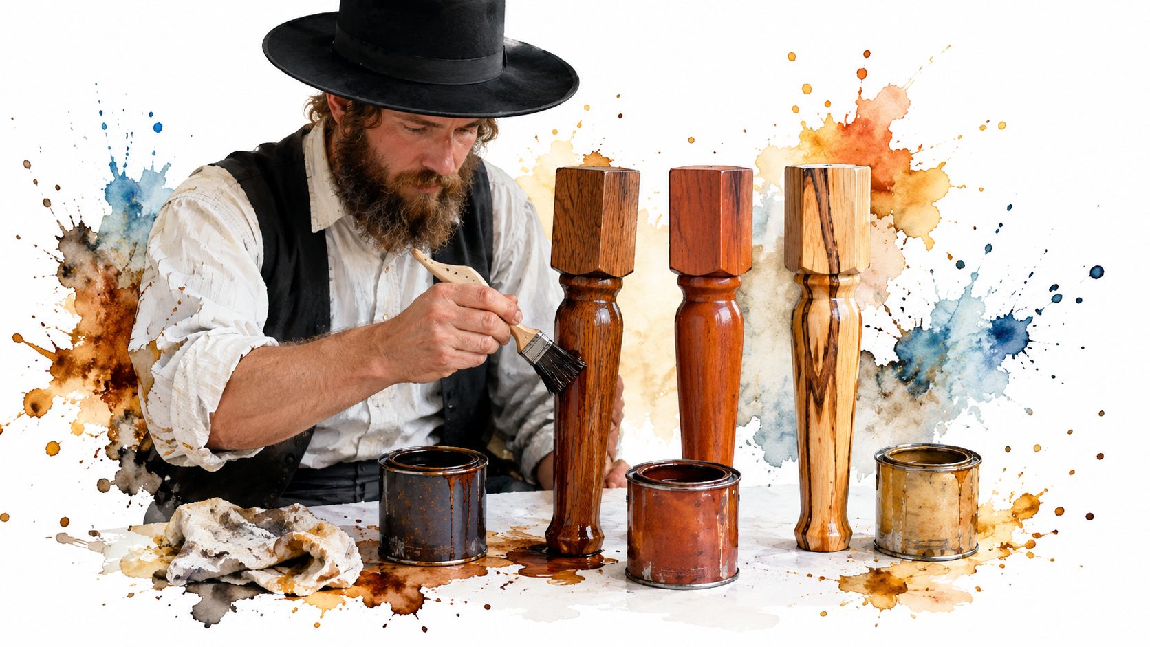 An Amish man applying wood stain to a handcrafted furniture leg using a paintbrush in his workshop.