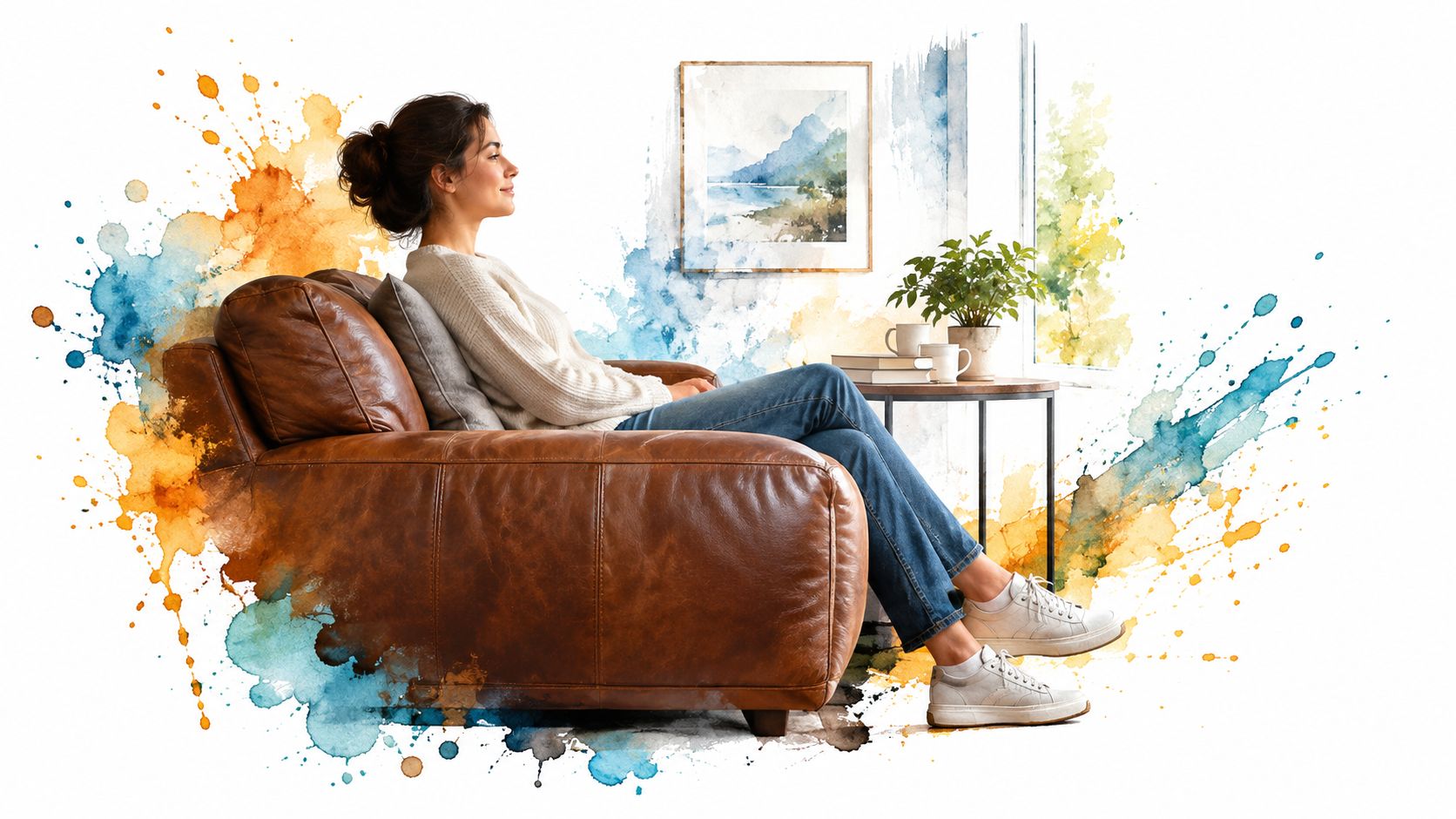 A woman relaxes on a comfortable brown leather couch in a modern, artistic living room setting.