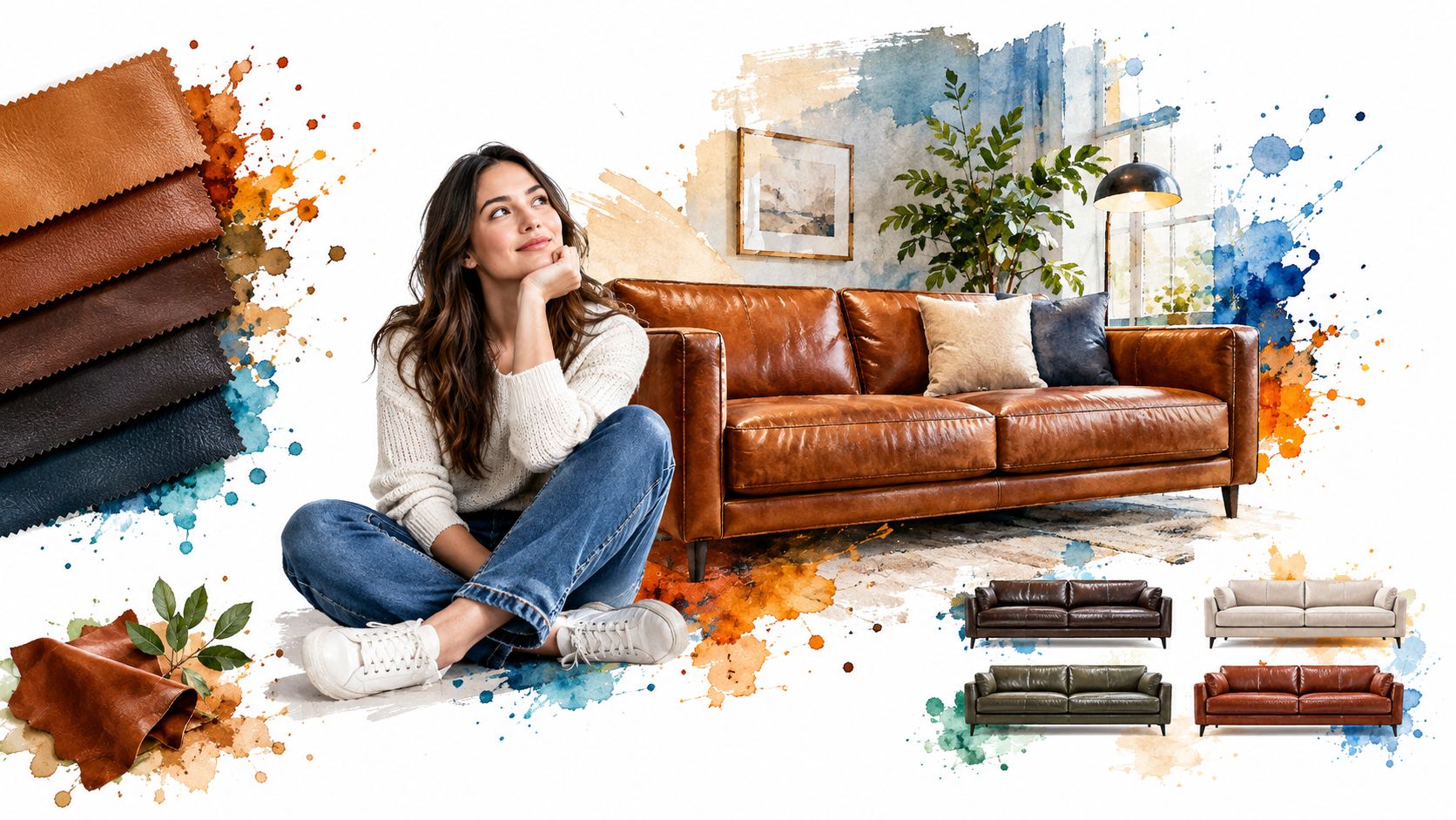 A woman sits near a leather couch, showcasing various leather swatches and furniture color options for interior design.