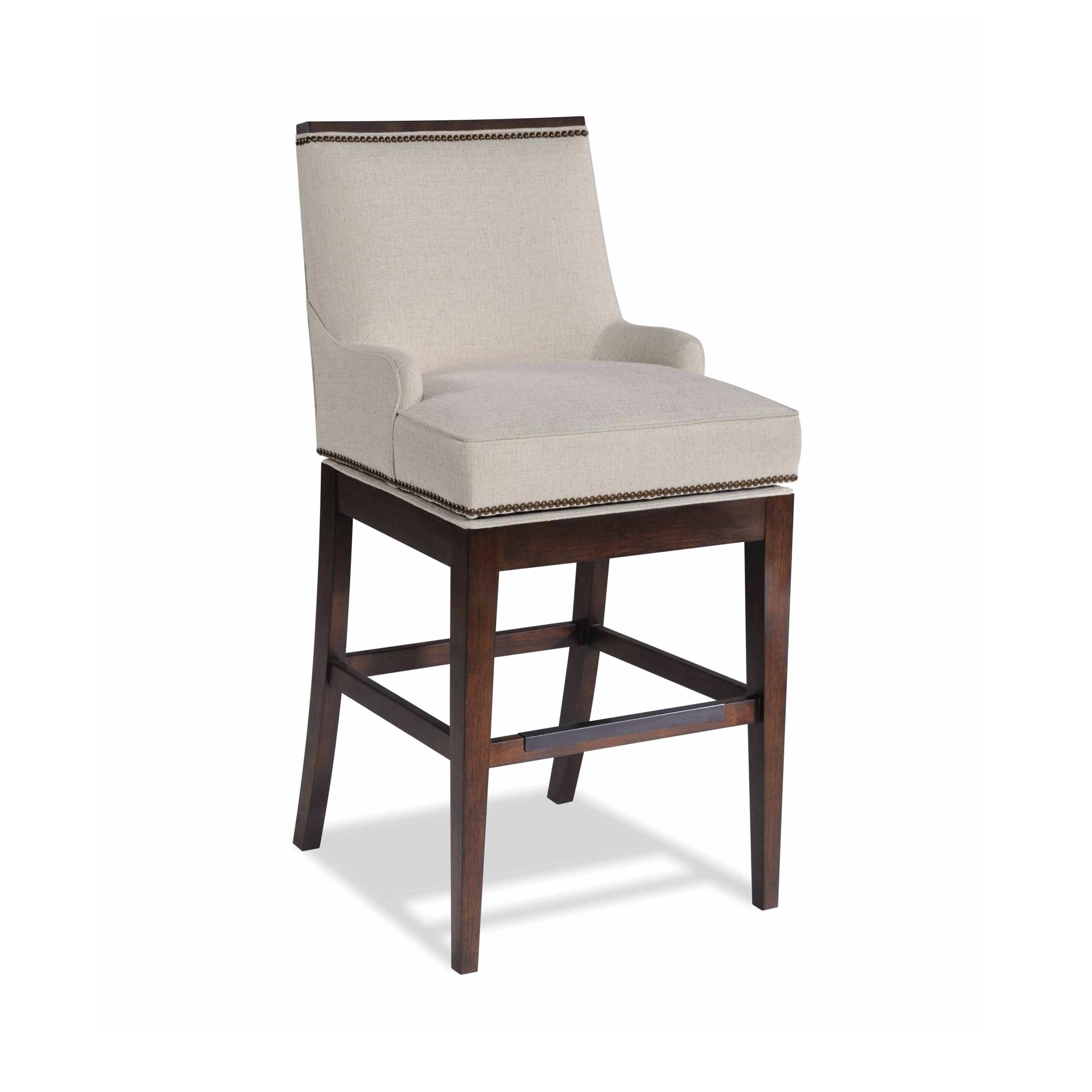 astoria swivel barstool Upholstered cream barstool with dark wood frame and nailhead trim.